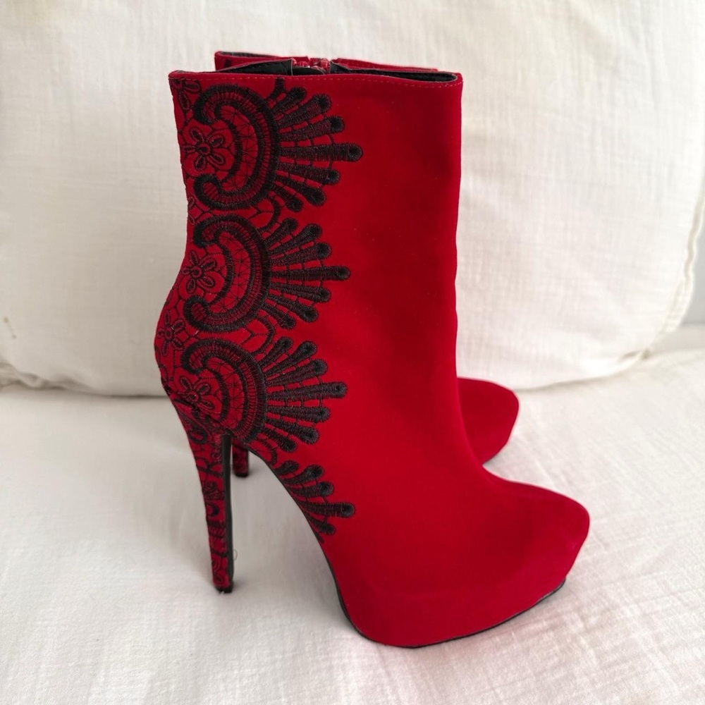 Red Suede & Black Embroidered Platform Ankle Boots